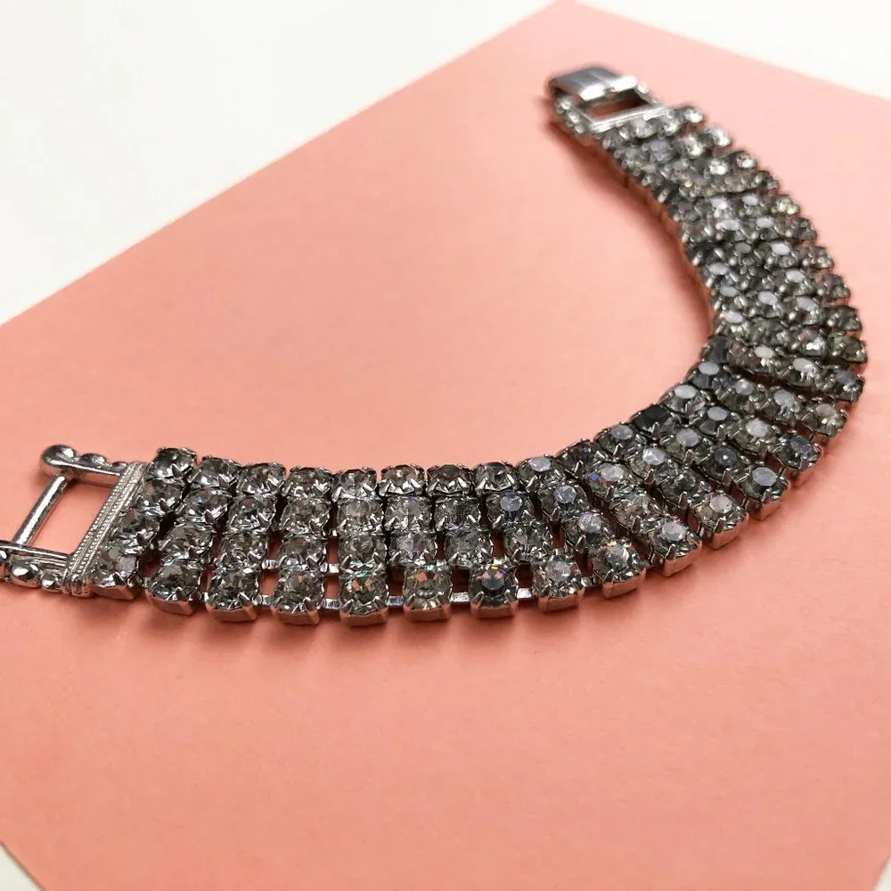 Wide rhinestone tennis bracelet, statement clear crystal bracelet 60s vintage